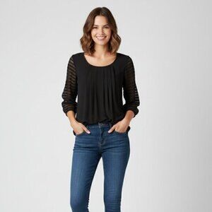 BCBG Women’s Blouse Sheer Striped Sleeve Top 3/4 Length Sleeve Black Size Small